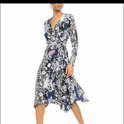 Inc Blue Printed Long Sleeve V Neck Below The Knee Dress