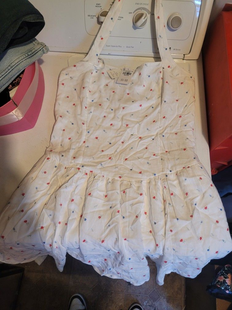 White Floral Mini Dress (Red & Blue Ditsy Print)