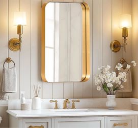 24"x16" Recessed Medicine Cabinet with Mirror for Bathroom, Wall Mounted Deep Metal Framed Rounded Corner Rectangle