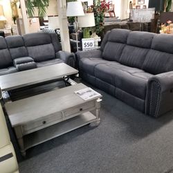 Brand New Gray Linen Manual Reclining Sofa + Loveseat With Cup Holders