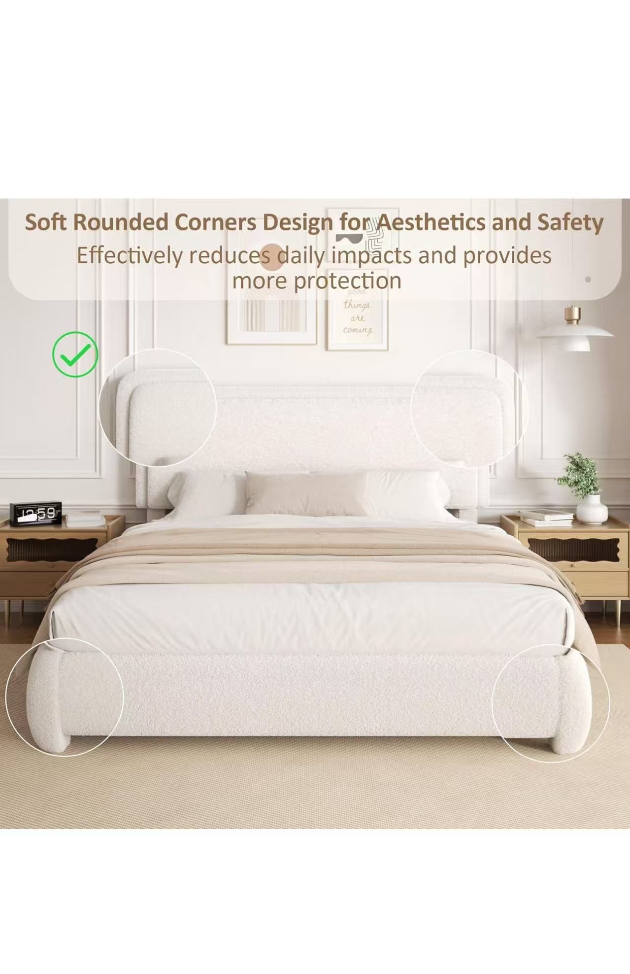 Queen Size Bed Frame with Adjustable Headboard, Boucle Upholstered Platform Bed with Wood Slats, Anti-Collision Soft Rounded Corners, No Box Spring Ne