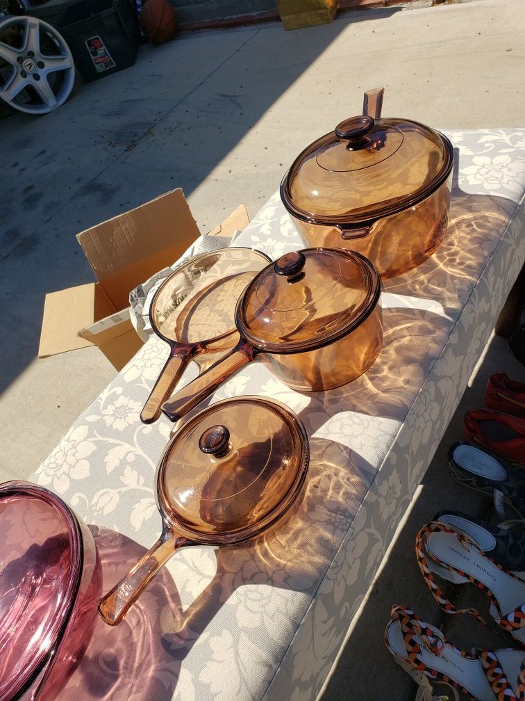 Vintage Corningware Pyrex Set in Amber Pots Lids Pan