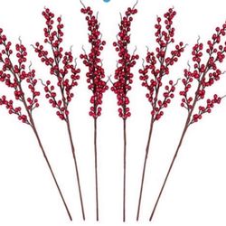 Greentime 6 Pack Artificial Berry Long Stems Fake 25.2 Inches Christmas Red Berries Faux Holly Berries Branches for Christmas Wreath Vase Holiday Home