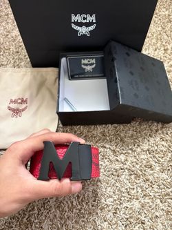 Red Leather Belt with Black M Buckle