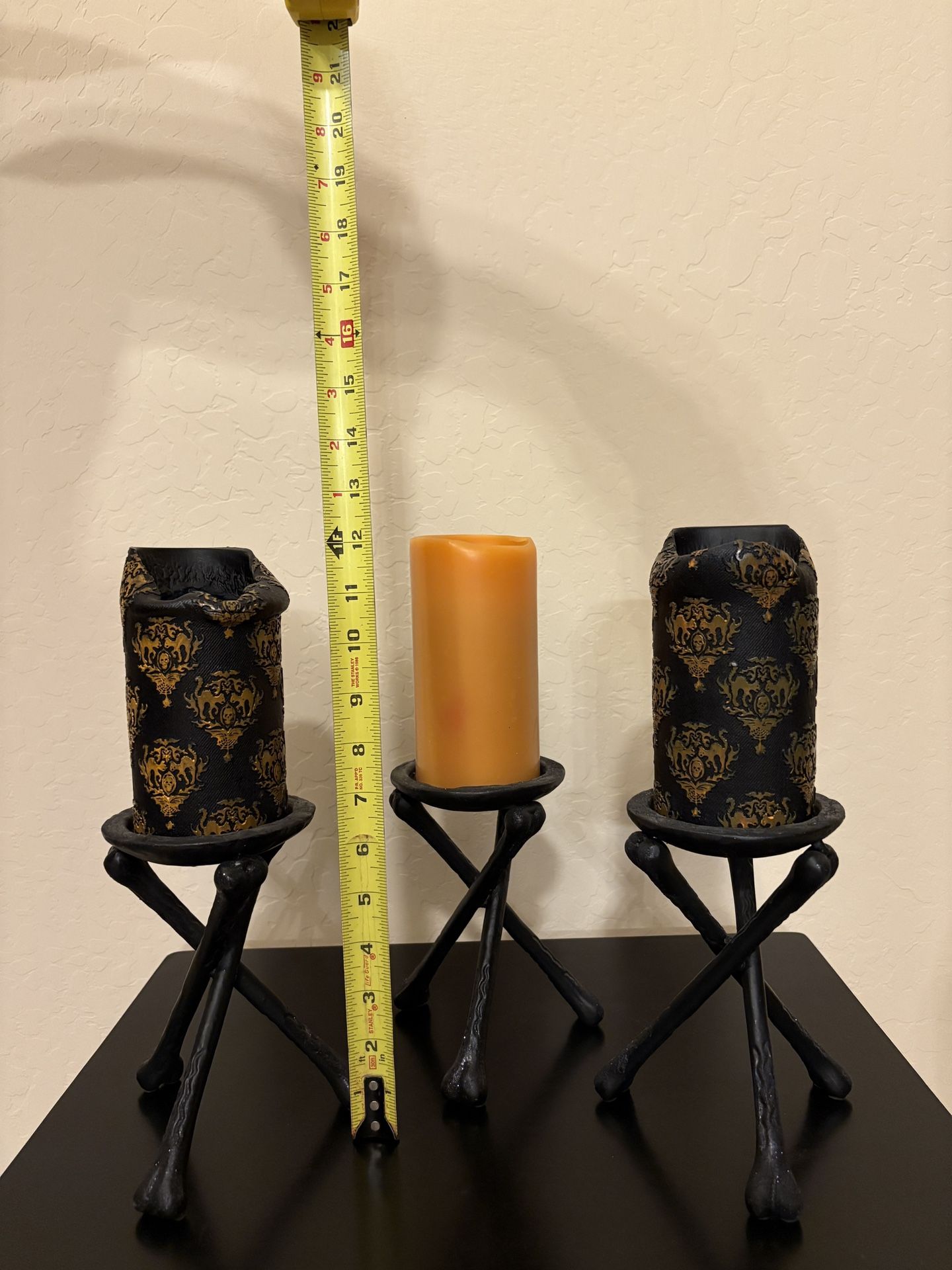 3 Black Bone Candle Holders w/3”  Wide Pillar Candles