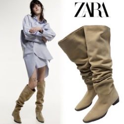 ZARA LOW HEEL SPLIT LEATHER HIGH SHAFT BOOTS