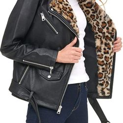 Levi's Vegan Leather Black Motorcycle Jacket w/ Leopard Faux Fur Collar