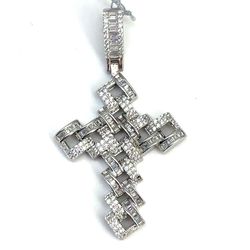 925 Sterling Silver CZ Open Square Link Cross Pendant 8.90g 198111