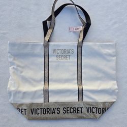 Victoria’s Secret Canvas Tote Bag Metallic Gold Accent Glitter Glam 18x13x6" New  