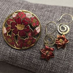 Vintage Cloisonné Brooch & Earrings Set — Red Floral Enamel Gold Tone