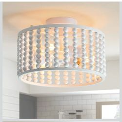 Wood Bead Chandelier, Semi Flush Mount Boho Nursery Ceiling Light Fixture Rustic 3 Lights Chandelier Farmhouse for Kitchen Bedroom Living Dining Room