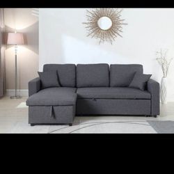 Brand New Linen Sectional Sofa with Chaise Storage and Pull Out Bed