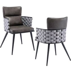 2 Mid-Century Modern Metal Leg Dining Chairs with Synthetic Leather Upholstery, for Kitchen or Living Room