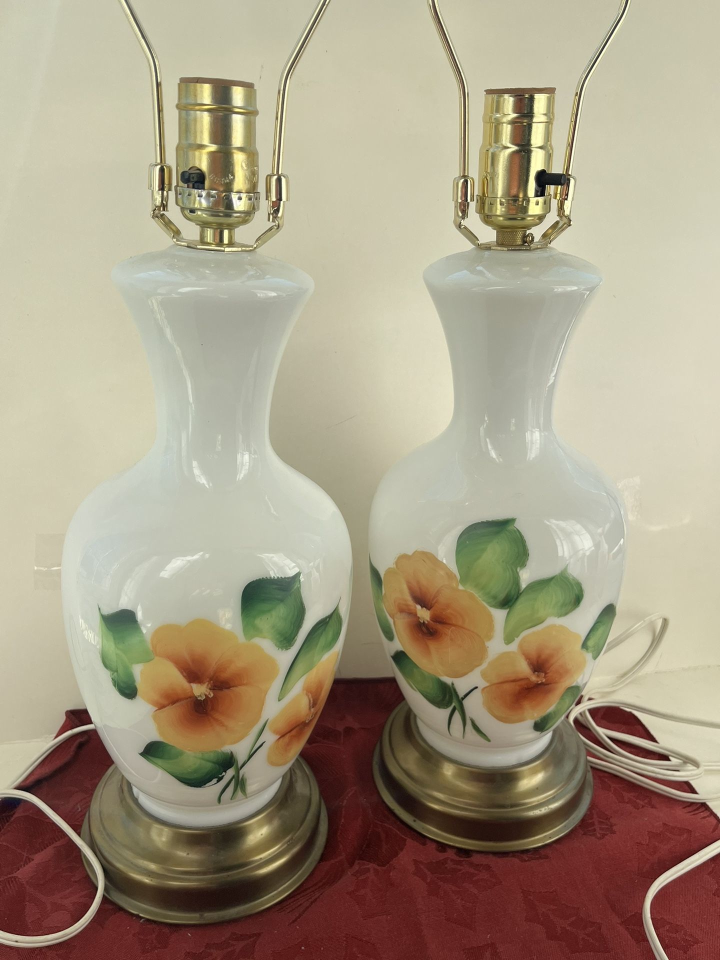 VINTAGE SET OF WHITE MILK GLASS LAMPS WITH YELLOW FLOWERS NO SHADES