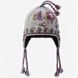 Newari Icelandic Designs Womens Knit Lined Floral Beanie TaToday I have a Hand Knit Wool Earflap Hat Floral Embroidered Boho for Winter wTassels Nepal