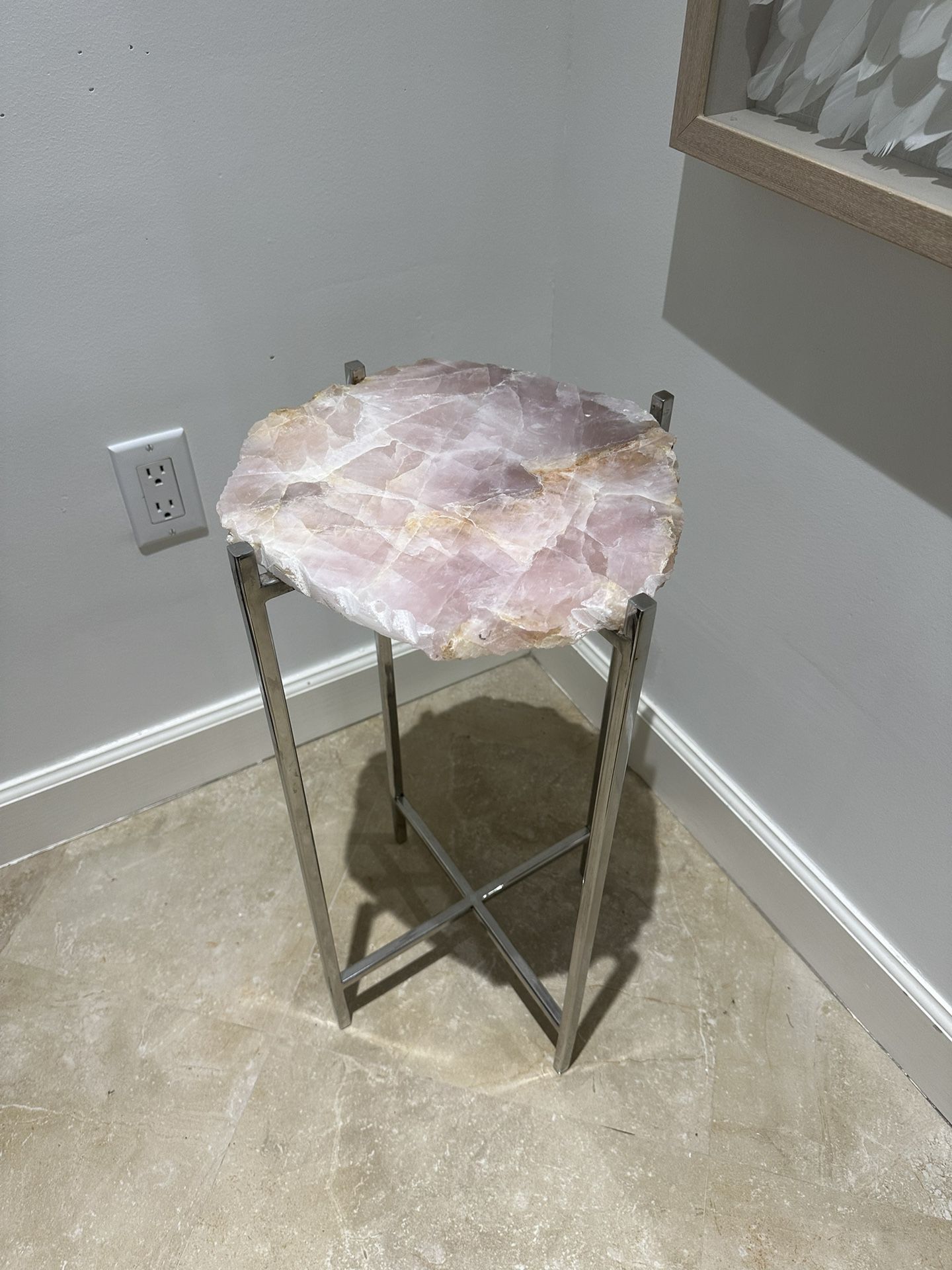 Small Natural Stone Rose Quartz Side End Table With Silver Cross Legs 