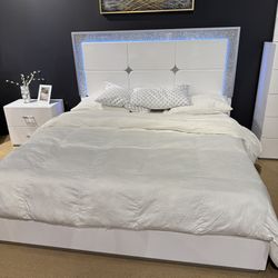 White Queen Bed LED w/ Silver Rhinestone Trim on Headboard