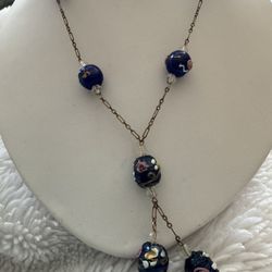 Stunning Vintage Murano "Wedding Cake' Glass Bead Y Necklace, 18" 