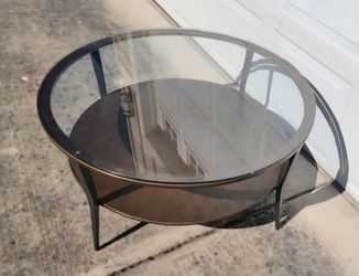 Round Coffee Table Glass Top, 31" Across, Brown Copper Color Metal Structure Indoor Outdoors