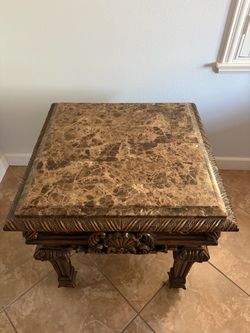 Two Marble Top End Table with Carved Wood Base
