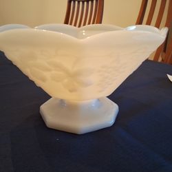 Vintage Milk Glass Footed Bowl Grape Design.  Anchor marked.
