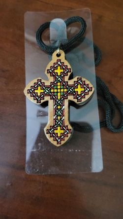 Ethiopian Coptic Wooden Cross Pendant Necklace Hand Painted Traditional Design