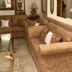 Gold Couch, Love Seat, Chaise, Chair And 2 Ottomans