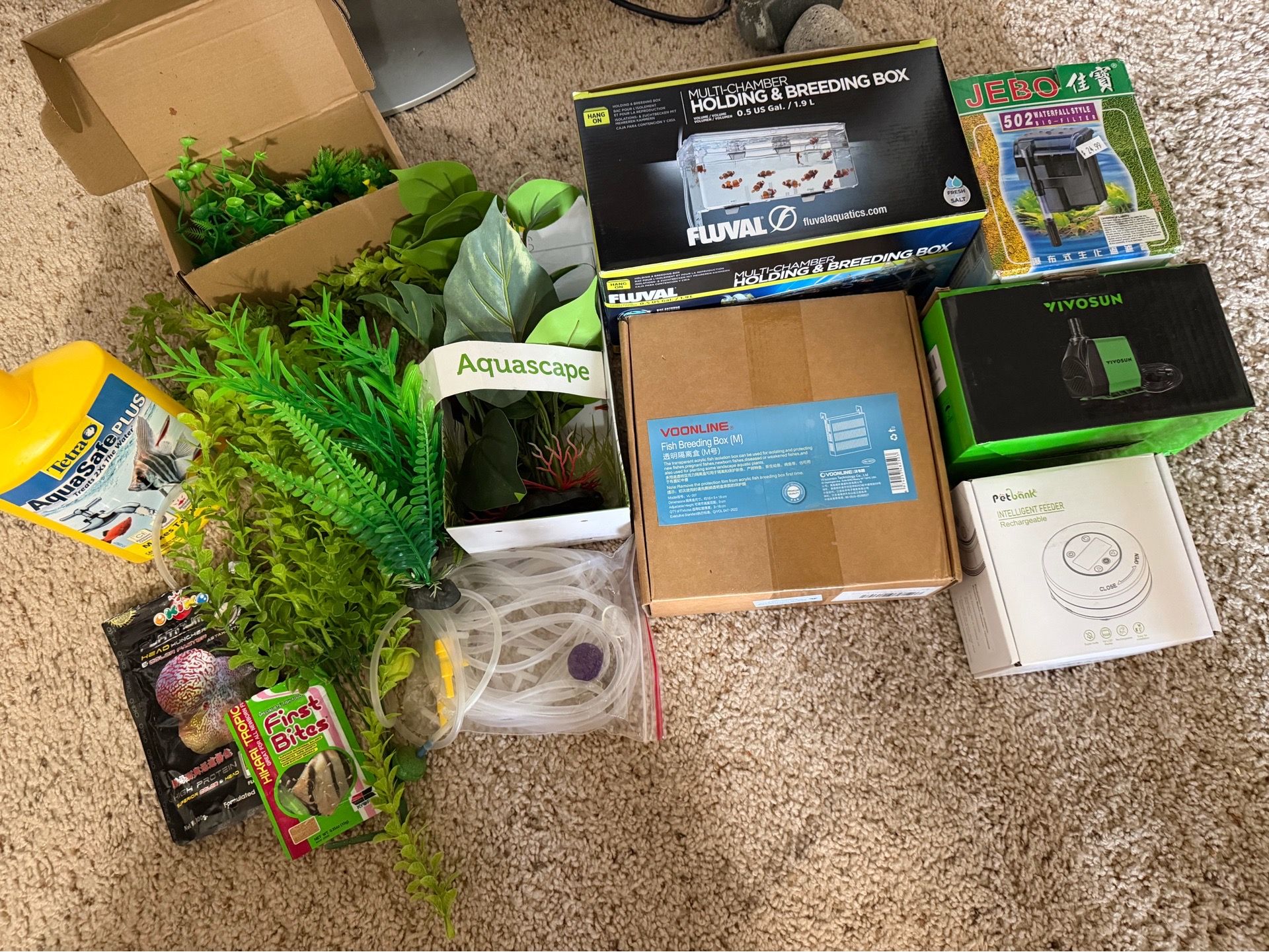 Fish Tank Accessories Bundle – 2 Breeding Boxes, Filter, Auto Feeder, Plants & More