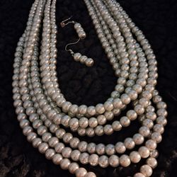 7 Strand Faux Soft Silver Pearl Necklace With Earrings