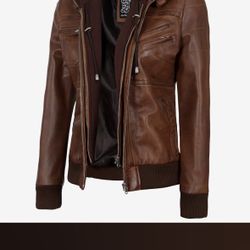 Women's Bomber Cognac Brown Leather Jacket with Removable Hood, Size M 