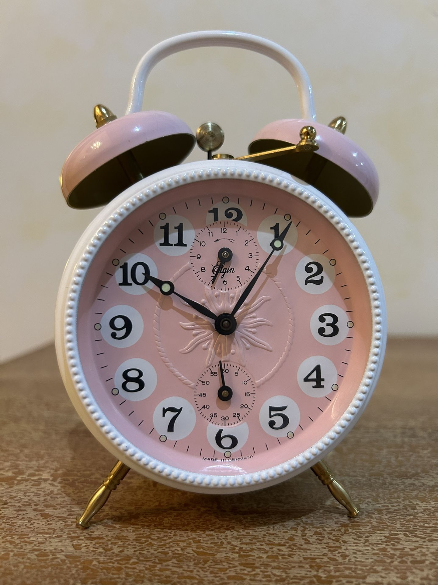 Vintage ELGIN WEHRLE GERMAN PINK WIND UP ALARM CLOCK