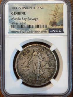 1908-S Philippines Peso NGC Manila Bay Salvage Shipwreck Coin