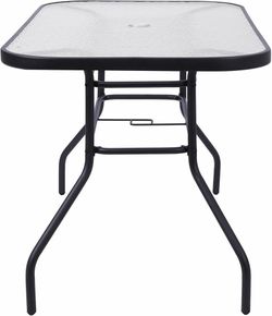 Bartlett 5-Piece Outdoor Dining Set, Patio Table with Tempered Glass Top and Umbrella Hole, 4 Flex Comfort Textilene Stack Chairs, 47", Brown/Black