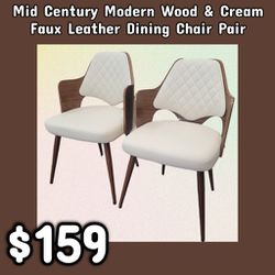 NEW Modern Wood & Cream Faux Leather Dining Chair Pair: Njft 