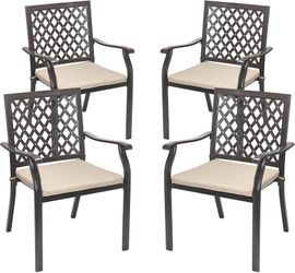Aoodor Outdoor Stackable Patio Metal Dining Chairs 4-Piece Set with Strapped Seat Cushions - Perfect for Patio, Garden, Backyard, or Courtyard Use  Ou