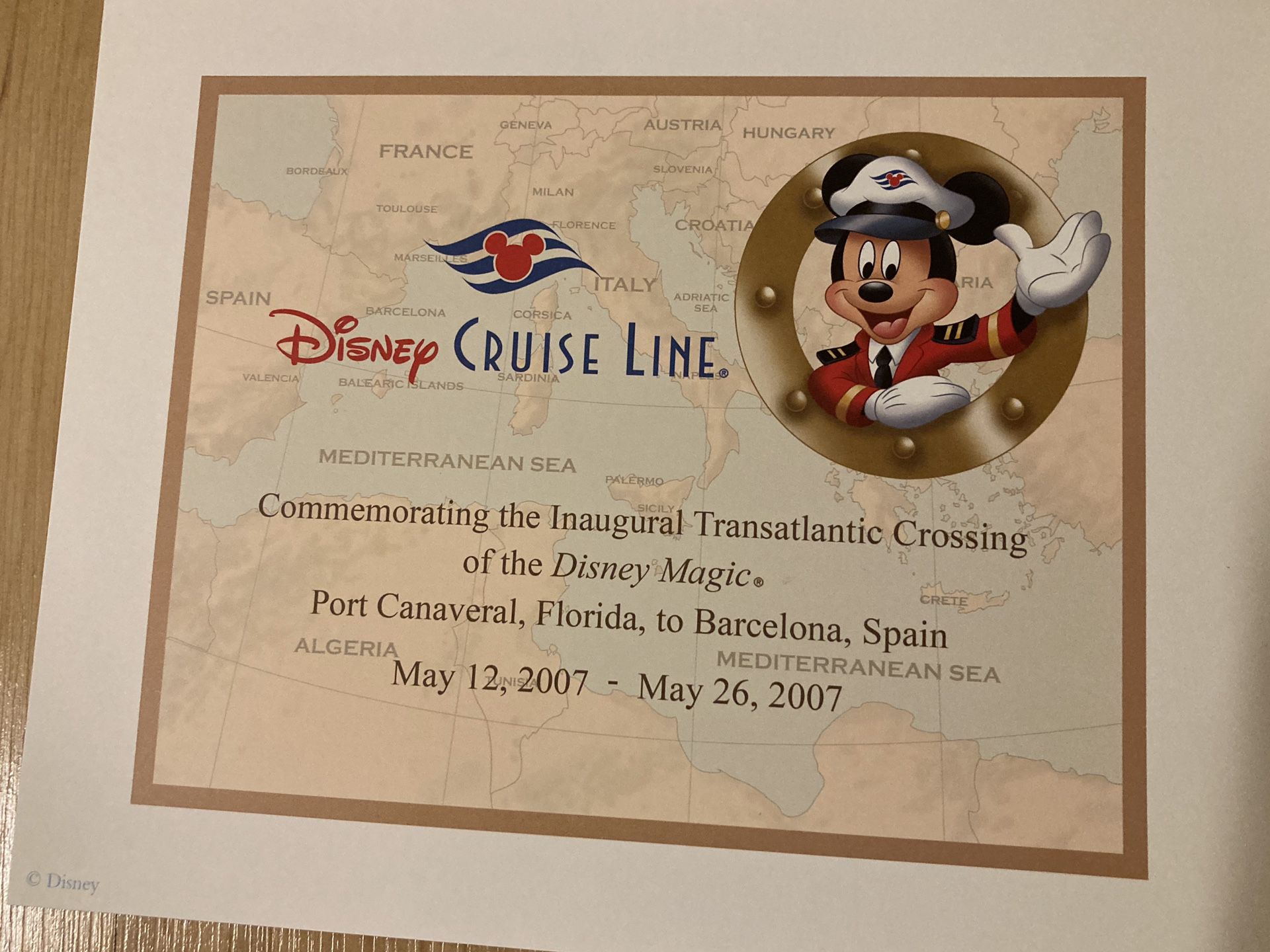 Disney Cruise Line - Inaugural Transatlantic certificate