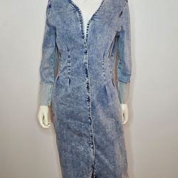 VTG Wash Lab Denim-Effect Long Sleeve Midi Dress - Hannah Blue Size M 96% Cotton