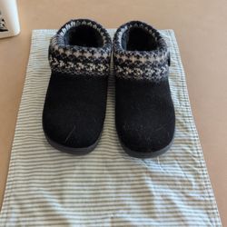 Slippers - Moccasin Style, Black With Sweater Trim And Button