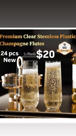 24 Pack Stemless Plastic Champagne Flutes, 9oz Ribbed Disposable Champagne Glasses. Heavy Duty Shatterproof Mimosa Glasses for Party Wine Tasting Wedd