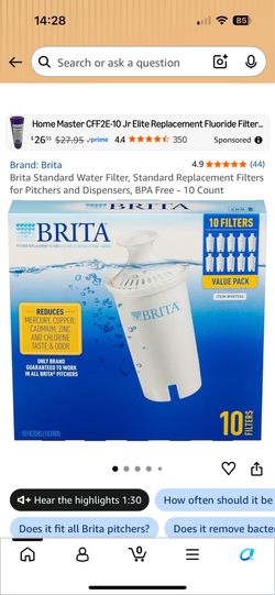 Brand: Brita 4.9 （44） Brita Standard Water Filter, Standard Replacement Filters for Pitchers and Dispensers, BPA Free - 10 Count BKTISA BRITA PITCHER 