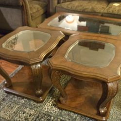 3 piece set Vintage coffee glass top table and glass top end tables.