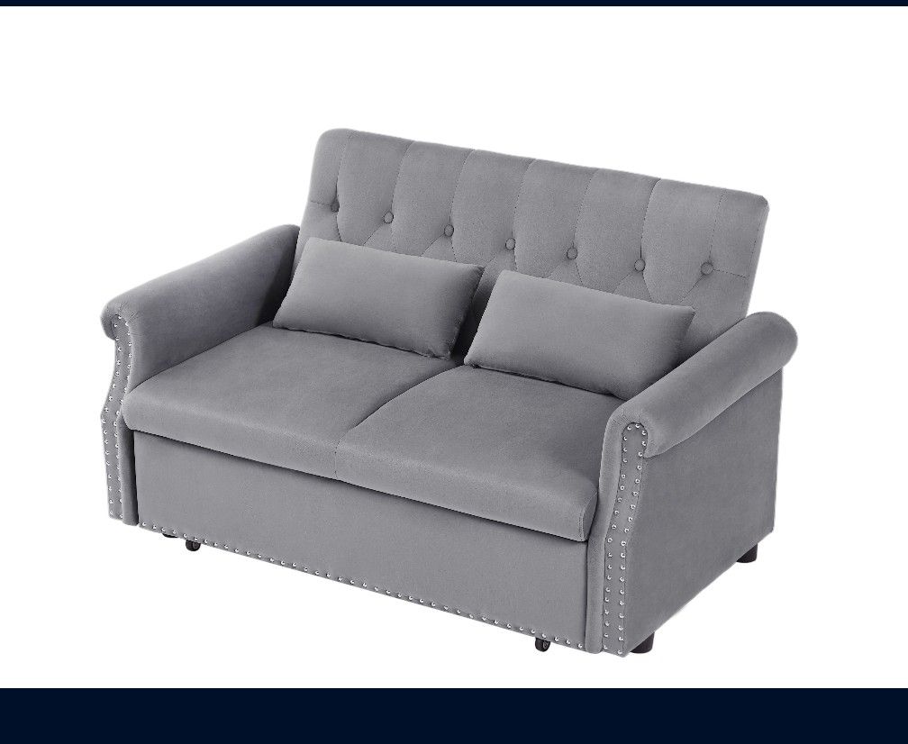 Artemax 55'' Modern Shiny Velvet Convertible Loveseat Sleeper Sofa Couch w/ 2 Lumbar Pillows, Adjustable Pull-Out Bed and Removable Armrest for Nurser