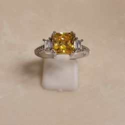 925 Silver CZ and Citrine Ring Size 9