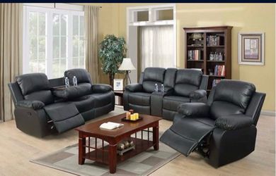 Black leather fully reclining three piece couch set