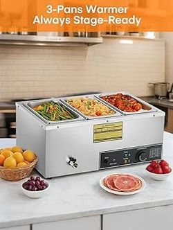 Commercial 3-Pan Food Warmer 1500W – Stainless Steel Steam Table for Buffet, Catering & Restaurant, with Individual Temperature Control, Drain Tap, Wa