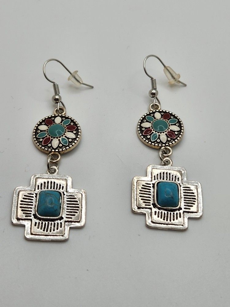 Silver and Turquoise Cross Earrings