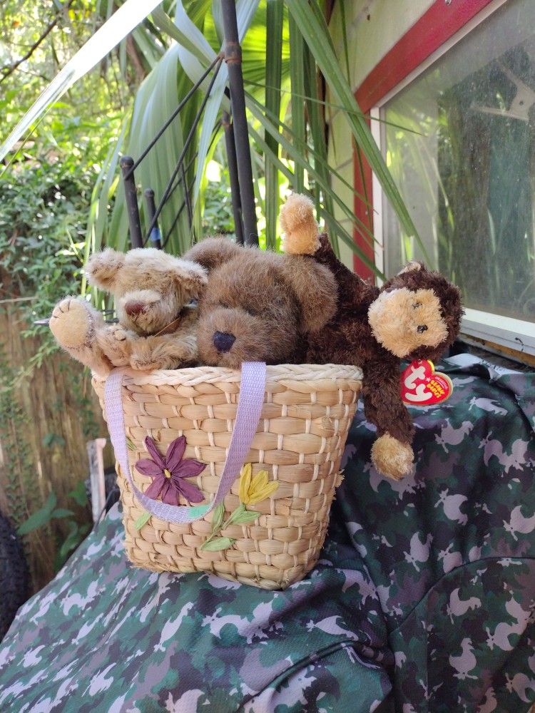 3 Beanie Babys In Basket