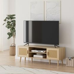 Rattan TV Stand for 55-60in TVs – 2 Cabinets, Gold Handles E54