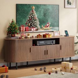 69" Fluted TV Stand with Power Outlet for TVs up to 80 Inch, Entertainment Center with Storage, Sliding Doors, Adjustable Shelves, Mid Century Modern 