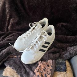 Adidas Grand Court White Sneakers with Black Three-stripes 9.5